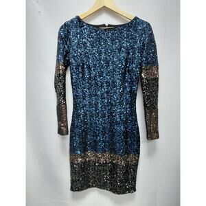 Dress The Population Sequin Dress Blue Knit Long Sleeve Knee Length Women Size M